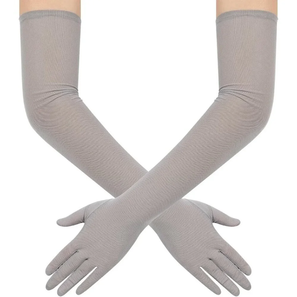 Women's Tulle Mesh Silver Long Stretchy Gloves Halloween Party Wedding Costume